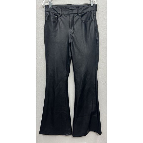 American Eagle Faux Leather Super Hi-Rise Flare Pants Size 10 Black 30x32 *MINT - Picture 1 of 9